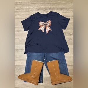 Navy Blue T-Shirt with Red Bow Design